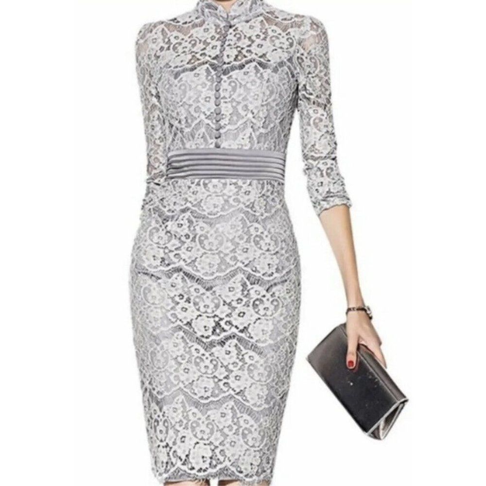 METISU  Grey Hollow Out Lace Midi Dress With Buttons Front  Size 2XL 10-12